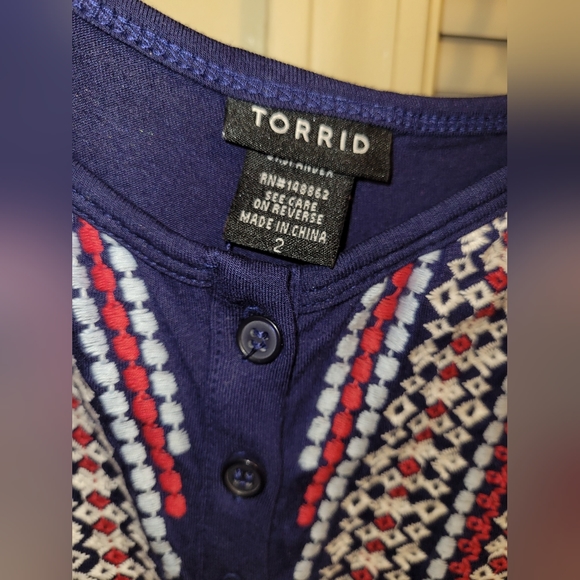 Torrid Tunic Length Top, Blue, Red + White in color. Button down front. Size 2 - Picture 3 of 3